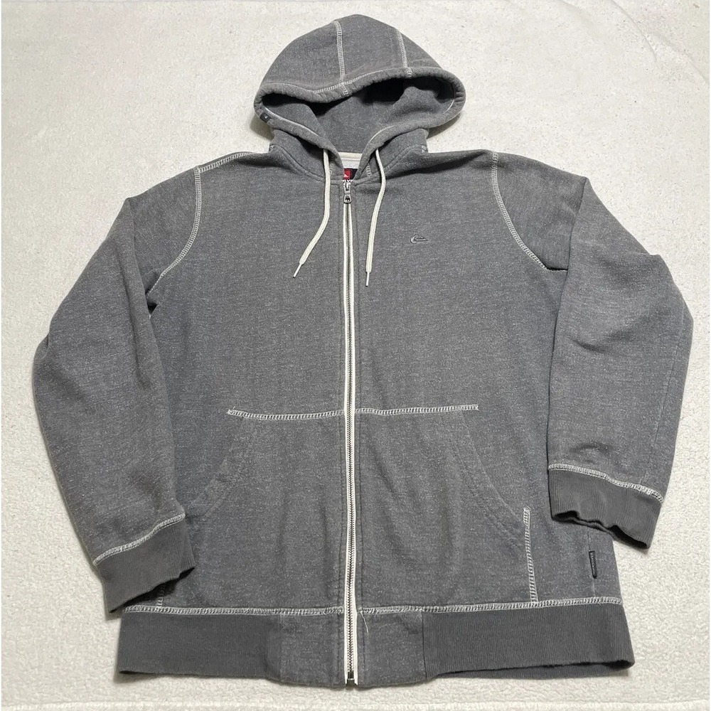 Quiksilver Hoodie Men's Small Gray Fleece Full Zip Long Sleeve Sweatshirt